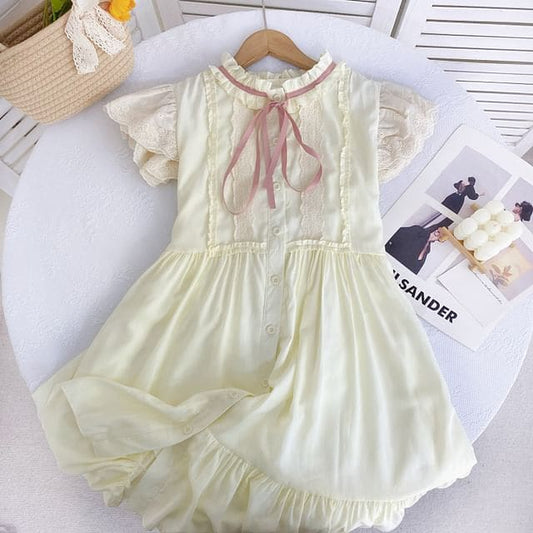 Cap-Sleeve Bow Frill Trim Button A-Line Dress