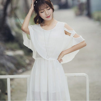 Cap Sleeve Cold-Shoulder Plain A-Line Dress