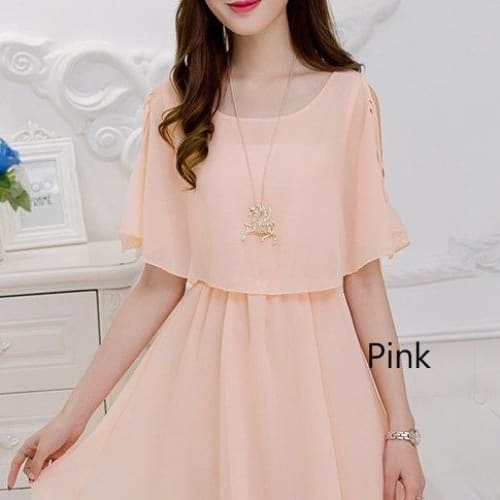 Cap Sleeve Cold-Shoulder Plain A-Line Dress