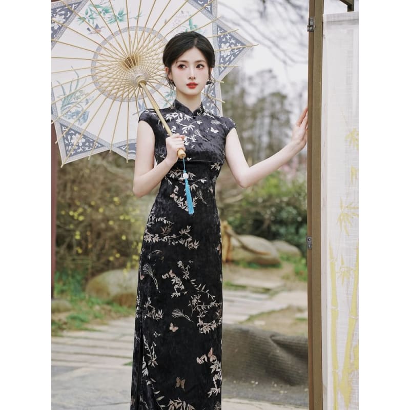 Cap Sleeve Leaf Butterfly Print Velvet Maxi