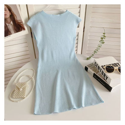 Cap-Sleeve Mock Neck Plain Knit Mini Bodycon Dress