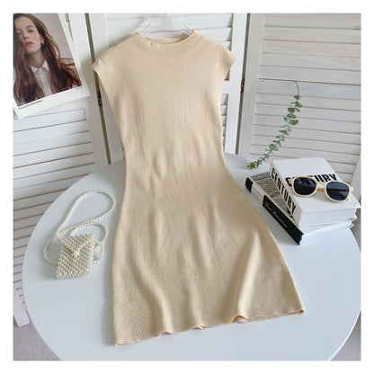 Cap-Sleeve Mock Neck Plain Knit Mini Bodycon Dress