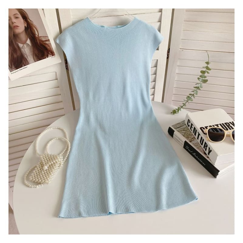 Cap-Sleeve Mock Neck Plain Knit Mini Bodycon Dress