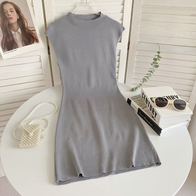 Cap-Sleeve Mock Neck Plain Knit Mini Bodycon Dress - Gray