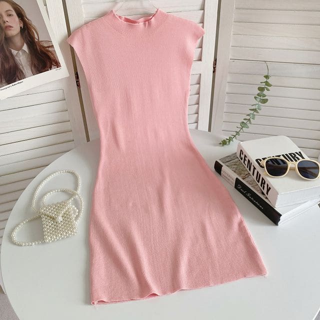 Cap-Sleeve Mock Neck Plain Knit Mini Bodycon Dress - Pink