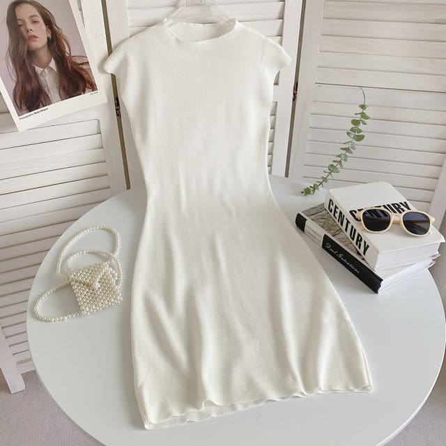 Cap-Sleeve Mock Neck Plain Knit Mini Bodycon Dress - White