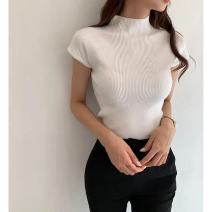 Cap Sleeve Mock Neck Plain Ribbed Knit Top