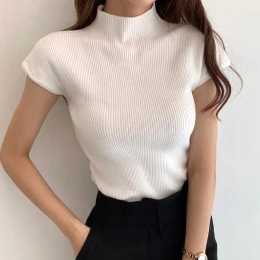 Cap Sleeve Mock Neck Plain Ribbed Knit Top