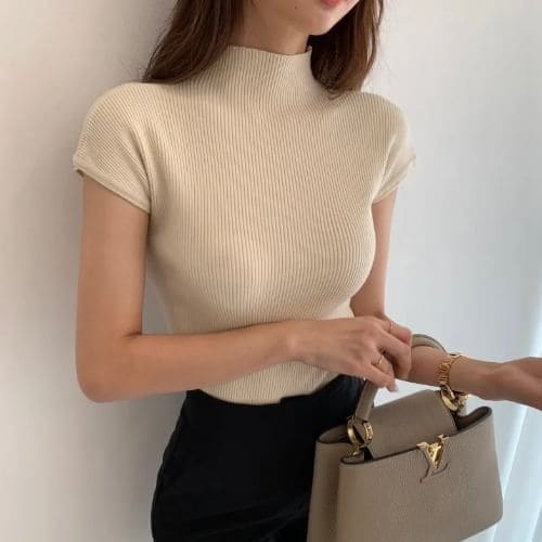 Cap Sleeve Mock Neck Plain Ribbed Knit Top