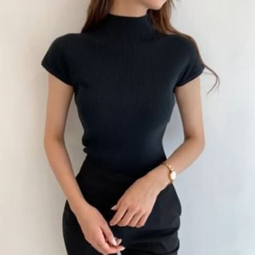 Cap Sleeve Mock Neck Plain Ribbed Knit Top - Black