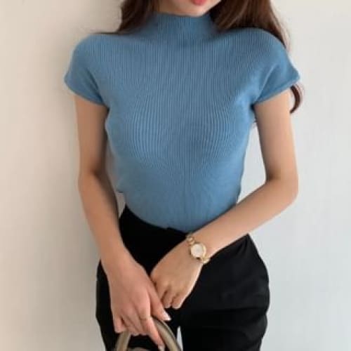 Cap Sleeve Mock Neck Plain Ribbed Knit Top - Sky Blue