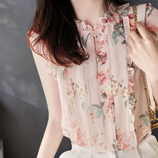 Cap-Sleeve Notch Neck Frill Trim Floral Pleated Blouse