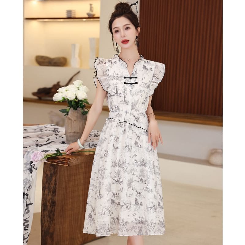 Cap-Sleeve Print Frog Button Midi A-Line Dress