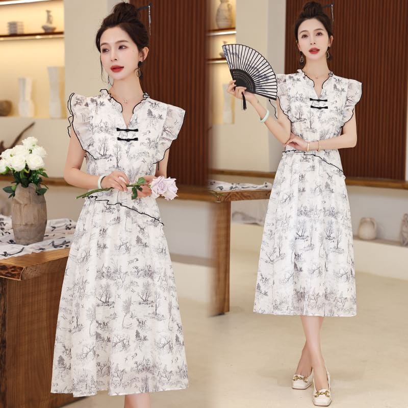 Cap-Sleeve Print Frog Button Midi A-Line Dress