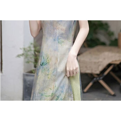 Cap-Sleeve Print Slit Midi A-Line Qipao / A-Line Skirt / Set