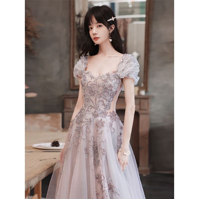 Cap-Sleeve Sequin Mesh A-Line Evening Gown