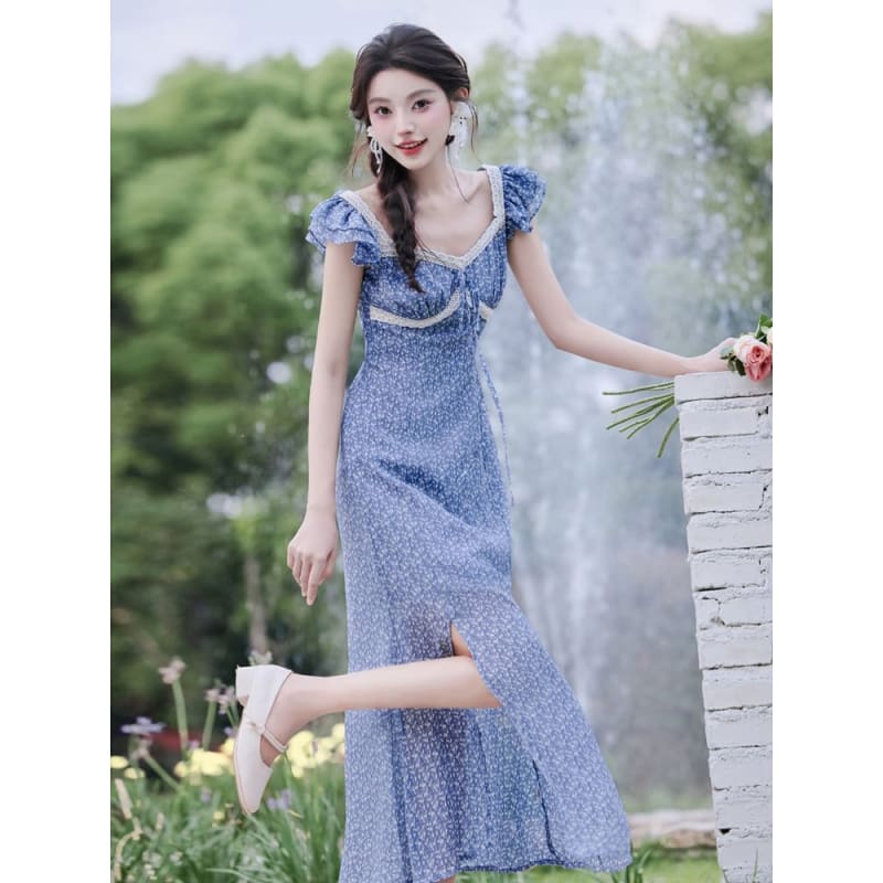 Cap Sleeve Square Neck Floral Print Ruffle Slit Tie Front