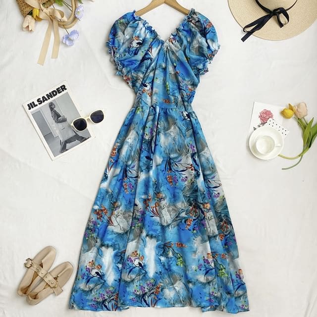 Cap-Sleeve V-Neck Floral Midi A-Line Dress - Floral - Blue