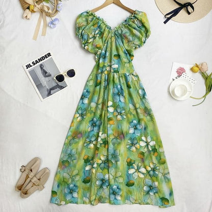 Cap-Sleeve V-Neck Floral Midi A-Line Dress - Floral - Green