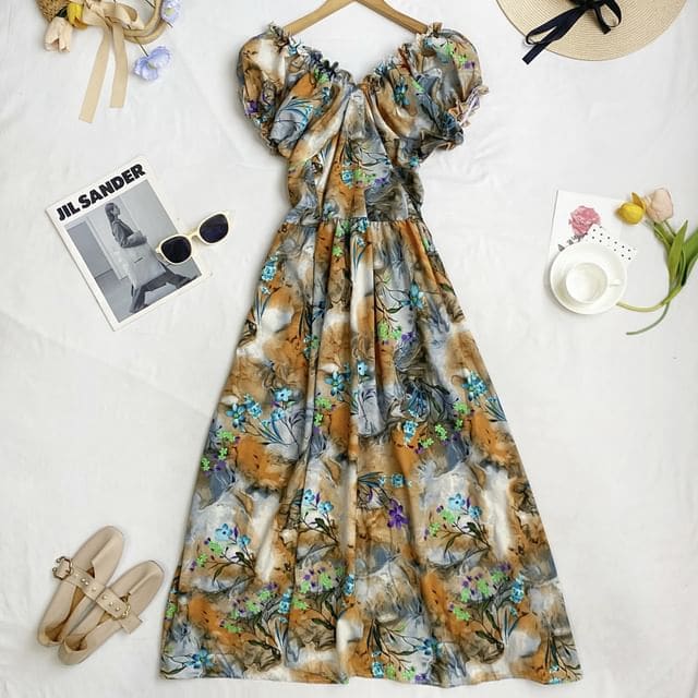 Cap-Sleeve V-Neck Floral Midi A-Line Dress - Floral - Khaki