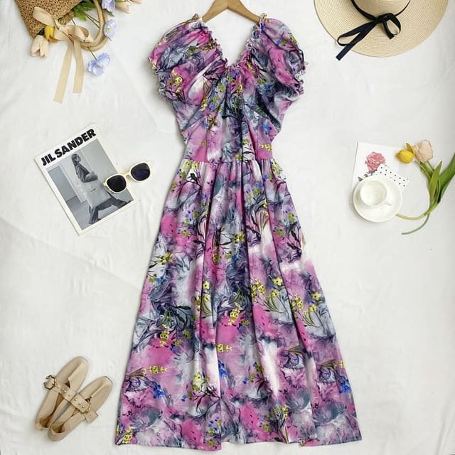 Cap-Sleeve V-Neck Floral Midi A-Line Dress - Floral - Light