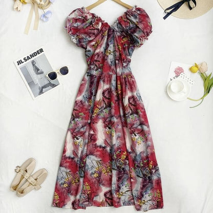 Cap-Sleeve V-Neck Floral Midi A-Line Dress - Floral - Wine