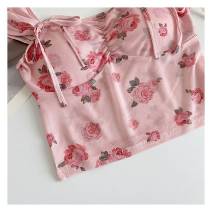 Cap-Sleeve V-Neck Floral Print Bustier Crop Top