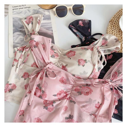 Cap-Sleeve V-Neck Floral Print Bustier Crop Top