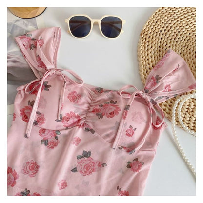 Cap-Sleeve V-Neck Floral Print Bustier Crop Top