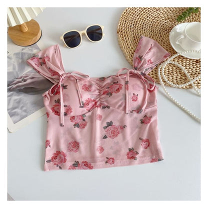 Cap-Sleeve V-Neck Floral Print Bustier Crop Top