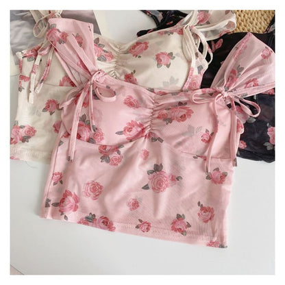 Cap-Sleeve V-Neck Floral Print Bustier Crop Top