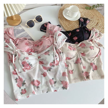 Cap-Sleeve V-Neck Floral Print Bustier Crop Top