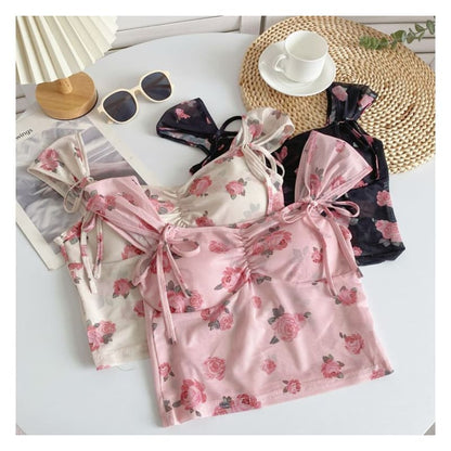 Cap-Sleeve V-Neck Floral Print Bustier Crop Top