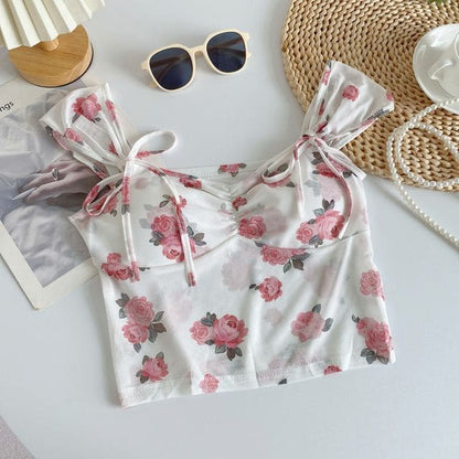 Cap-Sleeve V-Neck Floral Print Bustier Crop Top - Rose Pink