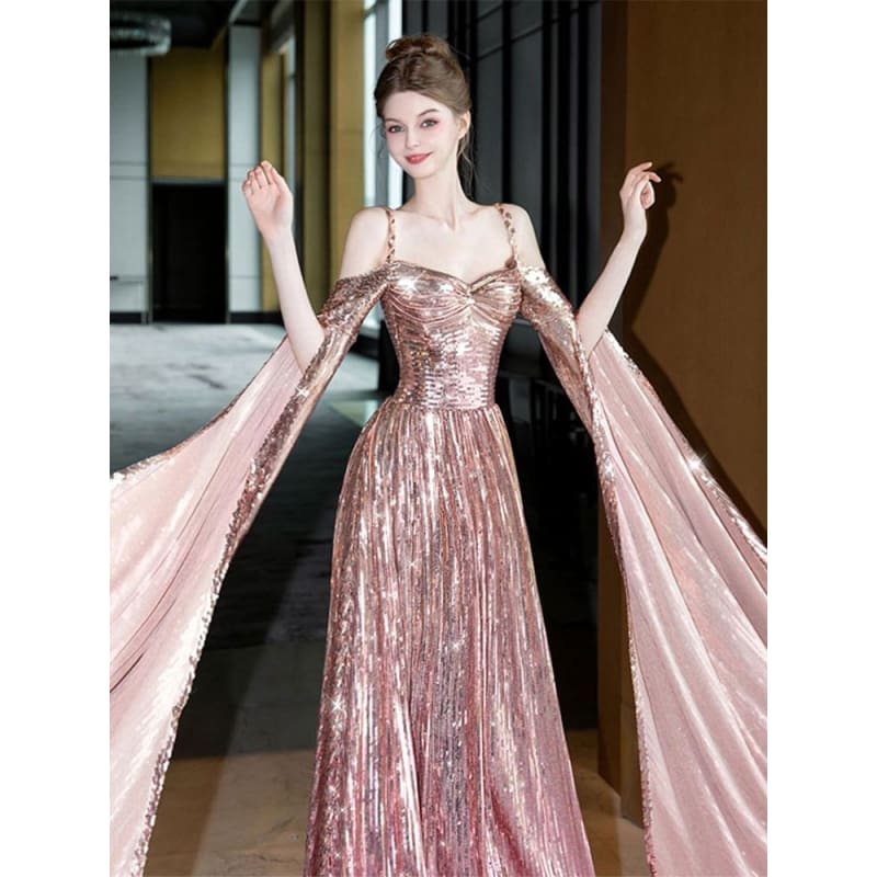 Cape-Sleeve Cold-Shoulder Sequin A-Line Evening Gown