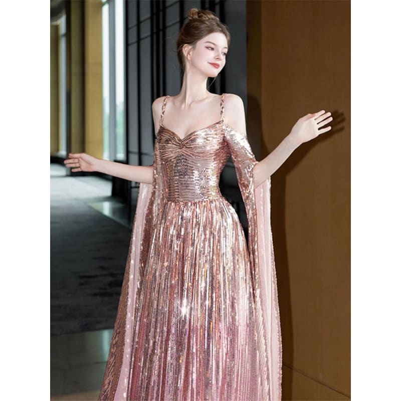 Cape-Sleeve Cold-Shoulder Sequin A-Line Evening Gown