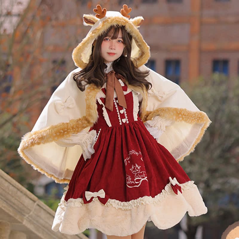 Cartoon Antler Plush Hooded Cloak Lolita Coat