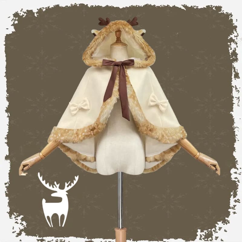 Cartoon Antler Plush Hooded Cloak Lolita Coat - Beige