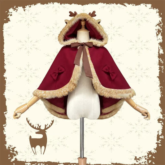 Cartoon Antler Plush Hooded Cloak Lolita Coat - Red