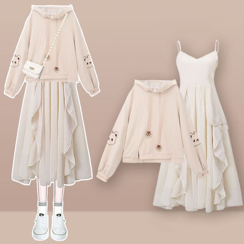 Cartoon Bear Embroidery Hoodie Flouncing A-line Dress