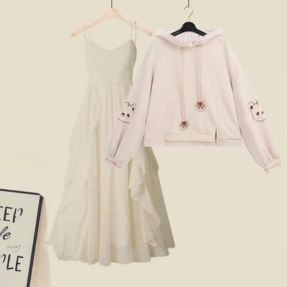 Cartoon Bear Embroidery Hoodie Flouncing A-line Dress