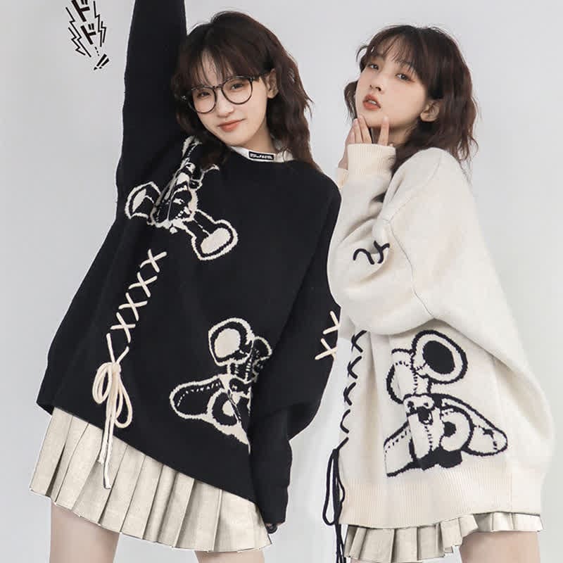 Cartoon Bear Lace Up Sweater Pleated Skirt Set