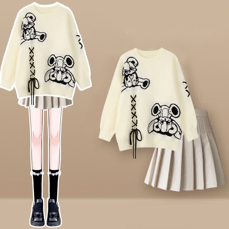 Cartoon Bear Lace Up Sweater Pleated Skirt Set - Apricot