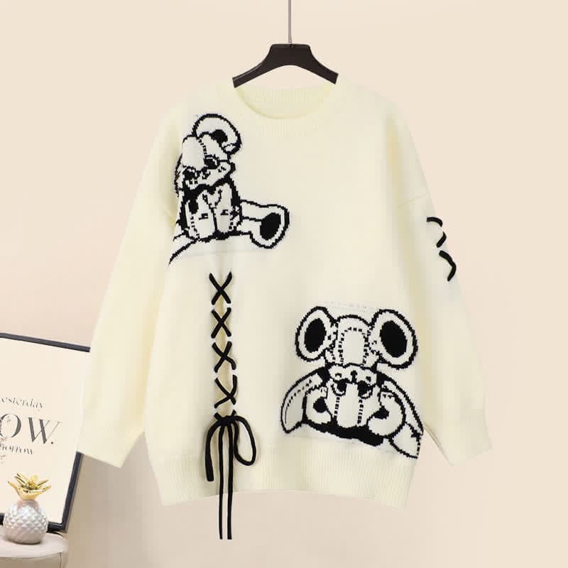 Cartoon Bear Lace Up Sweater Pleated Skirt Set - Apricot