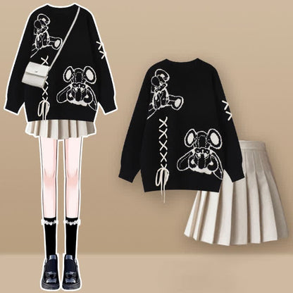 Cartoon Bear Lace Up Sweater Pleated Skirt Set - Black Set