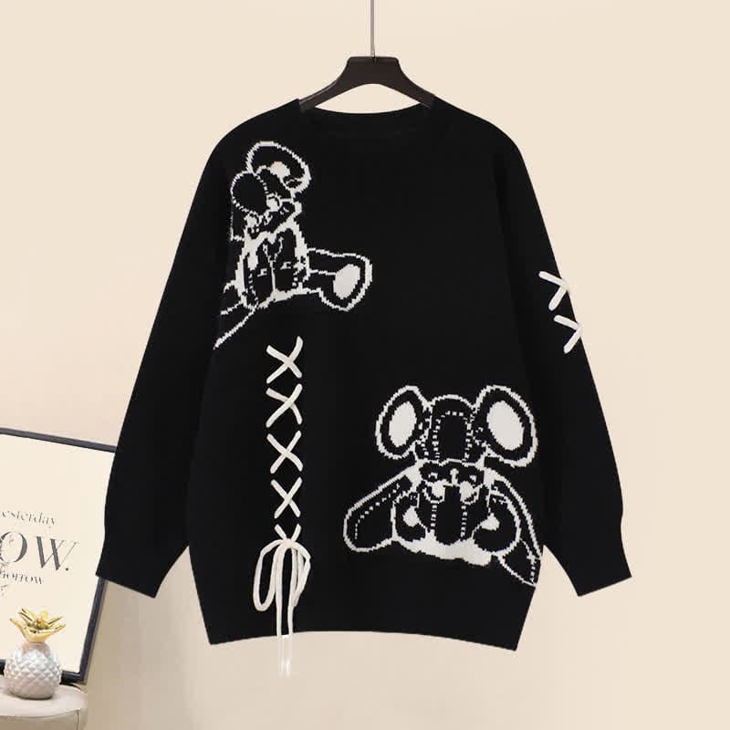 Cartoon Bear Lace Up Sweater Pleated Skirt Set - Black