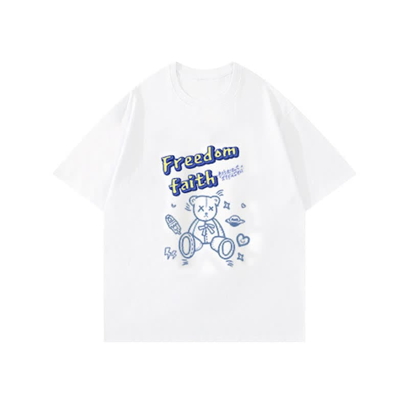 Cartoon Bear Letter Print T-Shirt Blue Pantskirt - T-Shirt