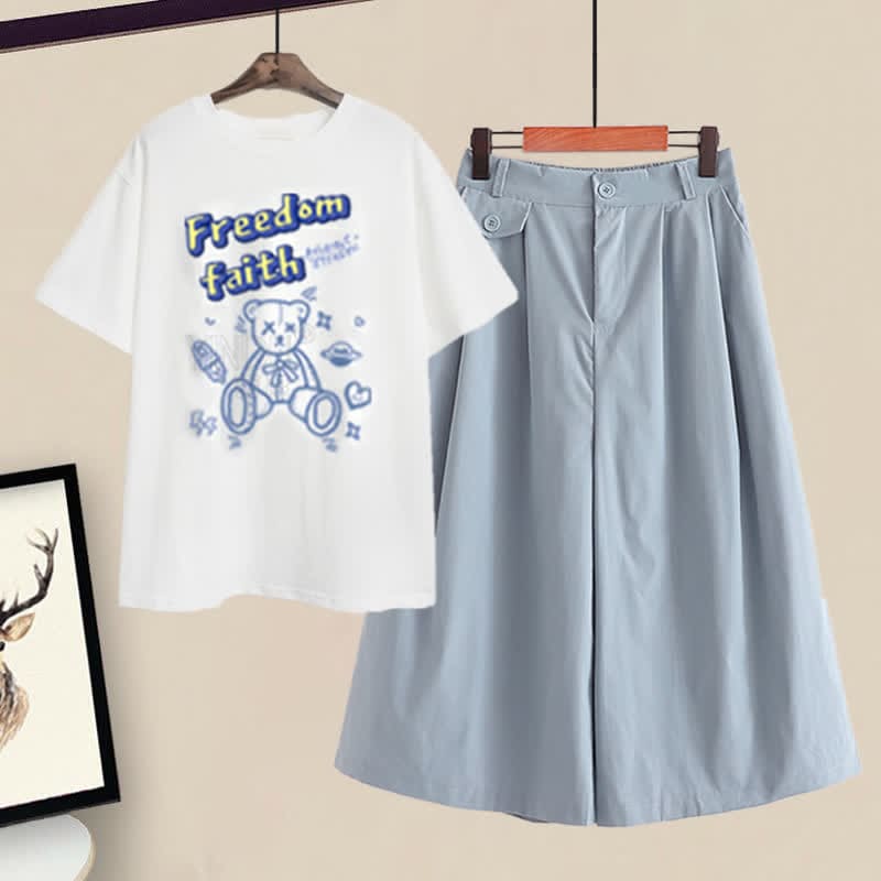 Cartoon Bear Letter Print T-Shirt Pantskirt Set - Set / M