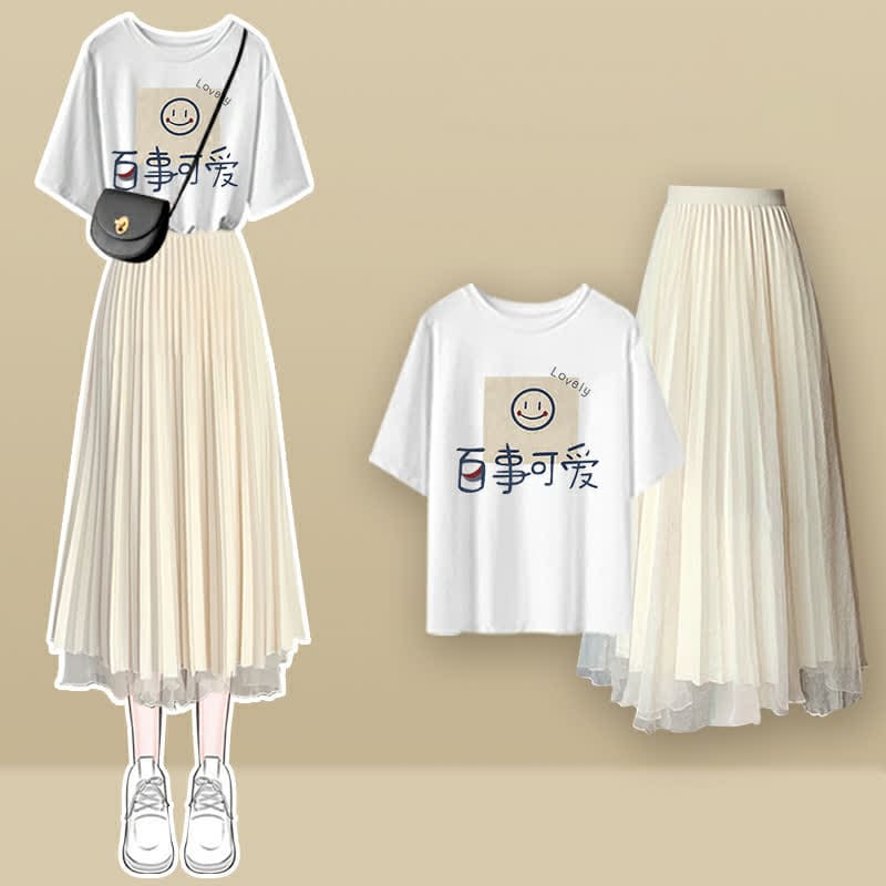 Cartoon Bear Letter Print T-Shirt Pleated Tulle Skirt