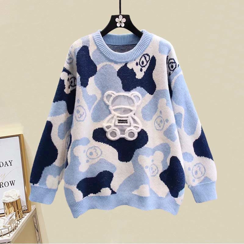 Cartoon Bear Print Sweater Split Skirt Set - Blue Sweater